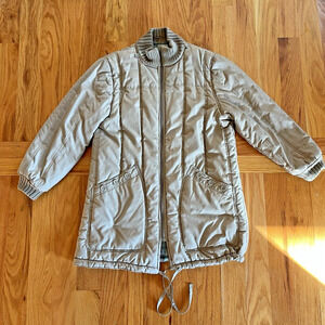 Vintage 80s Nelson Hall Beige Mid Long Vertical Quilted Puffer Coat Medium